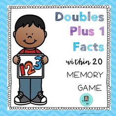 a boy holding up a sign that says double fact with the number two memory game