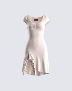 Simple, yet timeless - this beige ruffle dress is made from stretch jersey and complete with an asymmetrical hem, a ruffle hem, and flower trim 🤍 The perfect look for when you want something that will serve effortless beauty 😏 Tita Fits, Effortless Beauty, Friendship Jewelry, Girly Shoes, Style Savvy, Cowgirl Outfits, Mini Sweater Dress, Casual Style Outfits, Asymmetrical Hem