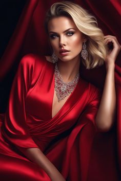 a beautiful blond woman in a red dress