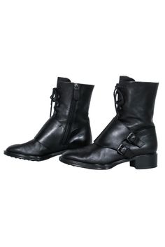 Take on any mission with confidence in Tod's black leather combat boots! With double buckles and lace up fastening, they'll keep you looking sharp and keep your feet firmly on the ground. Strut confidently, paired with a leather jacket and dark wash jeans! Size 8 (EU 38) 100% Leather Lace up front Double buckle side closure Interior zipper closure Heel 1.5" Shaft 7.5" Circumference 10" Toe to heel 11" Black Military Boots, Black Leather Combat Boots, Leather Combat Boots, Military Boots, Combat Boot, Dark Wash Jeans, Leather Lace, Wash Jeans, Leather And Lace