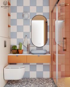 a bathroom with a toilet, sink and mirror in it's corner area next to a walk in shower