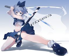 an anime character is holding two swords and posing for the camera with her legs crossed