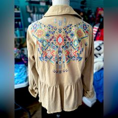 Embroidered Peplum Hem Jacket Metal Button Front Bust Fabric- 100% Cotton Bohemian Style Embroidered Collared Top, Fall Embroidered Button-up Top, Fall Multicolor Embroidered Button-up Top, Jacket Shirt, Peplum Hem, Metal Buttons, Shirt Jacket, Jean Shirts, Coats Jackets