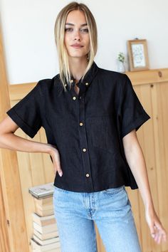 great boxy little wear to work - wear to errands - wear with boxy shorts - packs into nothing for the trips - so soft one can't believe it. Washed Linen Button front shirt Hand wash, line dry Made in Rajasthan, India Bust 45" + Center Back Length 22.5” Top is one size Black Boxy Shirt Outfit, Boxy Shorts, Boxy Shirt, Denim Shoes, Rajasthan India, Wear To Work, Black Linen, Button Front Shirt, Jet Black