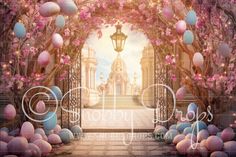 an archway with pink flowers and lanterns in the background that says happy easter on it