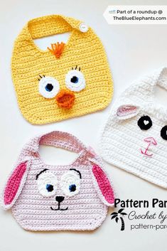 three crocheted baby bibs with eyes and ears, one in yellow, the other in white