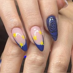 #nails #aesthetic #fallnails #halloween #nailart #blue #stars #nailspo #acrylics Coraline Themed Nails, Coraline Nails Acrylic, Coraline Nail Designs, Movie Inspired Nails, Coraline Nails Art, Cool Nail Ideas, Coraline Nails, Nailart Blue