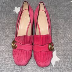 New Condition In Hot Pink Suede Size: 36.5 There Is A Tiny Black Smudge On One Side Of The Shoe As Shown In Picture. Will Come With Box Pink Pointed Toe Loafers For Formal Occasions, Formal Pink Pointed Toe Loafers, Elegant Pink Loafers With Round Toe, Chic Pink Loafers For Office, Elegant Pink Almond Toe Loafers, Chic Pink Loafers With Round Toe, Chic Pink Loafers For Formal Occasions, Chic Pink Formal Loafers, Gucci Pink Round Toe Heels