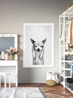 a black and white photo of a dog on the wall