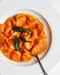 a white plate topped with pasta covered in tomato sauce and sage leaf garnish