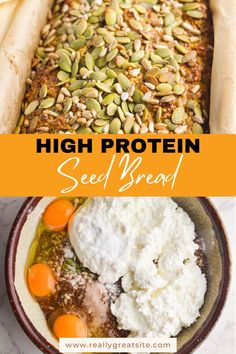 high protein seed bread recipe in a bowl with eggs and other ingredients on the side