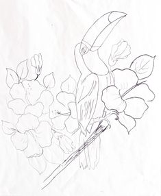 a drawing of a bird on a branch with flowers