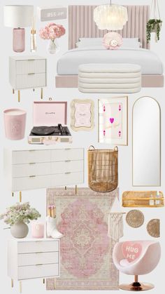 a collage of pink and white furniture, lamps, rugs, mirror, lamp shade