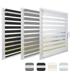 three different shades of blinds in various sizes and colors, including black, white, gray, and yellow