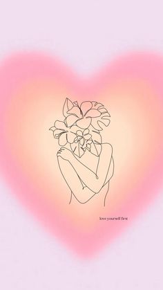 a drawing of a person holding a flower in front of a heart shaped light pink background