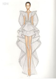 a drawing of a woman's dress with ruffles on the bottom and sides