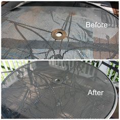 before and after photos of an outdoor table with metal mesh covering it, the top is missing