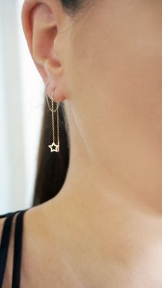 14K 9K Gold Star Threader Earrings, Solid Gold Minimalist Earrings, Dainty Star Threaders, Long Chain Earrings, Celestial gold earrings, Gift for her, FREE EXPRESS SHIPPING Dainty and minimalist 14K or 9K Solid gold threader earrings with a small star. A lovely, versatile pair of earrings/earring that you will love wearing all day, everyday! Whisper....Aiming for the stars! :) ------------------------------------------------- D E T A I L S 14K Solid Gold or 9K Solid Gold Length: 11cm / 4.3'' Sta Dainty 14k Gold Star Charm Earrings, Dainty 14k Gold Earrings With Star Charm, Minimalist 14k Gold Earrings With Star Charm, Minimalist 14k Gold Star Charm Earrings, Gold Minimalist Earrings, Music Note Necklace, Double Horn Necklace, Threader Earrings Gold, Long Chain Earrings