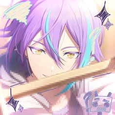 an anime character with purple hair holding a baseball bat in front of her face and looking at the camera