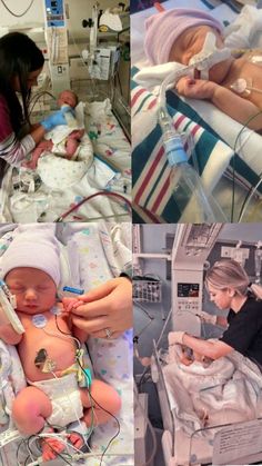 a collage of pictures with babies in hospital beds and nurses tending to their babies