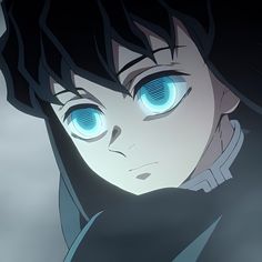 an anime character with blue eyes staring at the camera