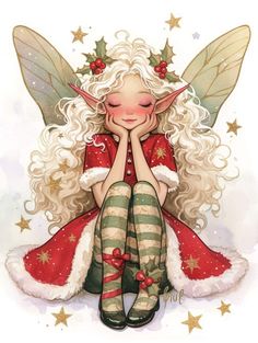 a drawing of a christmas elf sitting on the ground with her hands under her face