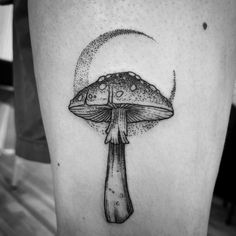 a black and white photo of a mushroom with a crescent moon on it's side