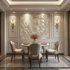 an elegant dining room with white walls and chandelier