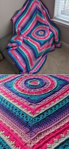 there is a crocheted blanket on the floor