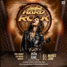 an event poster for hard rock with a woman singing and holding a guitar in her hand