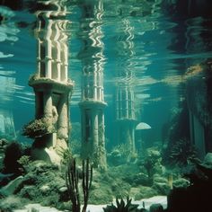 an underwater view of the bottom part of a building with columns and seaweed in it