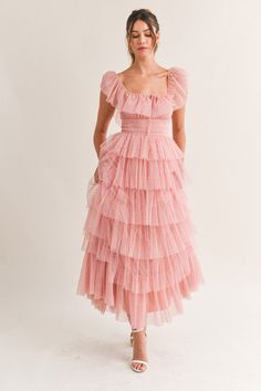 Swiss Dot Mesh Tulle Maxi Dress Sleeveless Ruffle Shoulder Detail Lined Tulle And Sequin Dress, Ruffled Tulle Dress, Tiered Chiffon Dress, Blush Pink Wedding Guest Dress, Pink Ruffle Maxi Dress, Floral Tiered Maxi Dress, Tulle Wedding Guest Dress, Pink Garden Party Dress, Wildflower Bridesmaids