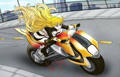 a woman riding on the back of a yellow motorcycle