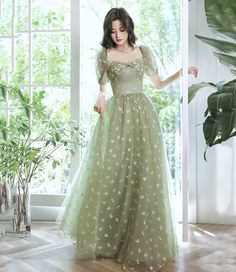 Green Tulle Dress, Prom Dress Green, Party Dress Formal, Green Evening Dress, Cherry Pattern, Green Tulle, Long Formal Gowns, Sweet Party, Tulle Sleeves