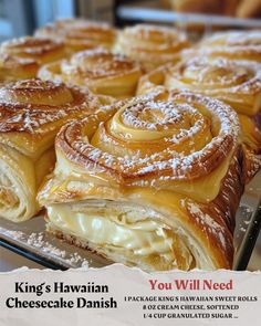 there are many desserts on display in the glass dish rack with words king's hawaiian cheese danish