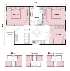 the floor plan for an apartment with three bedroom and two bathroom areas, including one living room