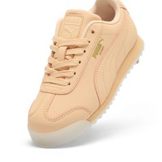 We've Taken Our Roma Silhouette And Outfitted It For Little Feet, But That's Not All We've Done. A Translucent Outsole Gives The Roma Reversed Mist Its Signature Look While Materials Like Smooth Nubuck Elevate Each Step. Style Up Your Kiddo And Turn Heads In The Process. Details Translucent Outsoleperforated Nubucklow Bootlace Closurepuma Branding Details | Peach Lace-up Sneakers For Sports, Sporty Peach Lace-up Sneakers, Casual Orange Sneakers For School, Peach Low-top Sports Sneakers, Casual Peach Sneakers For Spring, Casual Peach Round Toe Sneakers, Peach Round Toe Sneakers For Streetwear, Color Melon, Sneakers Puma