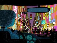 a person is sitting in a car looking at the city lights and signs on the buildings