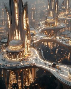 an aerial view of a futuristic city at night