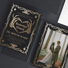 a wedding card with an image of a couple in the woods and gold foil on it