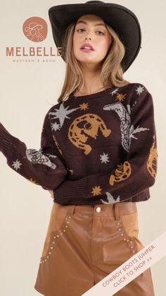 A brown cowboy boots jumper with crew-neck and the cutest metallic orange and silver western-themed graphics. Pair with boyfriend jeans and our Star & Fringe Ankle Western Boots for a fun daytime look! Ankle Western Boots, Text Codes, Orange And Silver, Brown Jumper, Metallic Orange, Wild Wild West