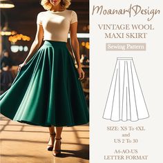 Our product is as follows: A full circle and long vintage skirt with a hidden zipper at the back and buttoned belt. Buy old and new models in our store at the best price! 👉https://moanartdesign.etsy.com  The amount of fabric required for the model is 5 meters.  You will need 1 zipper and button. Our model is suitable for all woven fabrics.  There is a seam allowance in our pattern. **US Sizes: 2, 4, 6, 8, 10, 12, 14, 16, 18, 20, 22, 24, 26, 28, 30 **Standard Sizes: XS, S, M, L, XL, 2XL, 3XL, 4X Full Circle Skirt Pattern Long, Wool Skirt Pattern Sewing, Cottage Core Skirt Pattern, Plaid Skirt Pattern, Wool Skirt Pattern, Long Vintage Skirt, Long Skirt Pattern, Wool Maxi Skirt, Circle Skirt Pattern