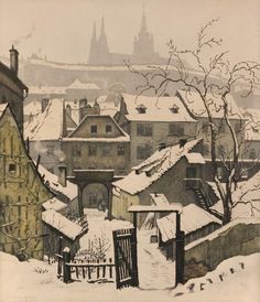 an old drawing of a snowy town with buildings