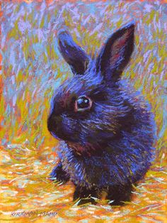 a painting of a black rabbit sitting on the ground in front of some tall grass