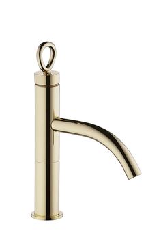 a gold faucet on a white background with the handle extended to it's side