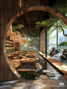 the inside of a restaurant with wooden tables and benches next to a small pond filled with water