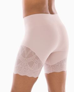 Medium Shaping Shorts with Lace - Soma Feminine Stretch Bottoms Short Length, Feminine Stretch Short Bottoms, Stretch Lace Shapewear With Lace Trim, Fitted Pink Shapewear Bottoms, Elegant Mid-thigh Length Shorts, Elegant Fitted Brief Shorts, Short Lace Bottoms In Feminine Style, Fitted Lace Short Bottoms, Fitted Pink Lace Bottoms