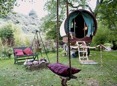 there are pictures of the inside of a tent, including a swing bed and a hammock