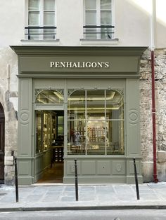 the front entrance to a store called penhalligons