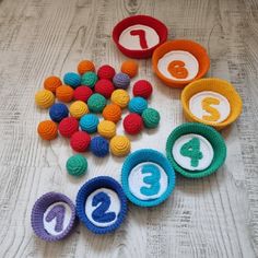 colorful crocheted numbers laid out on the floor